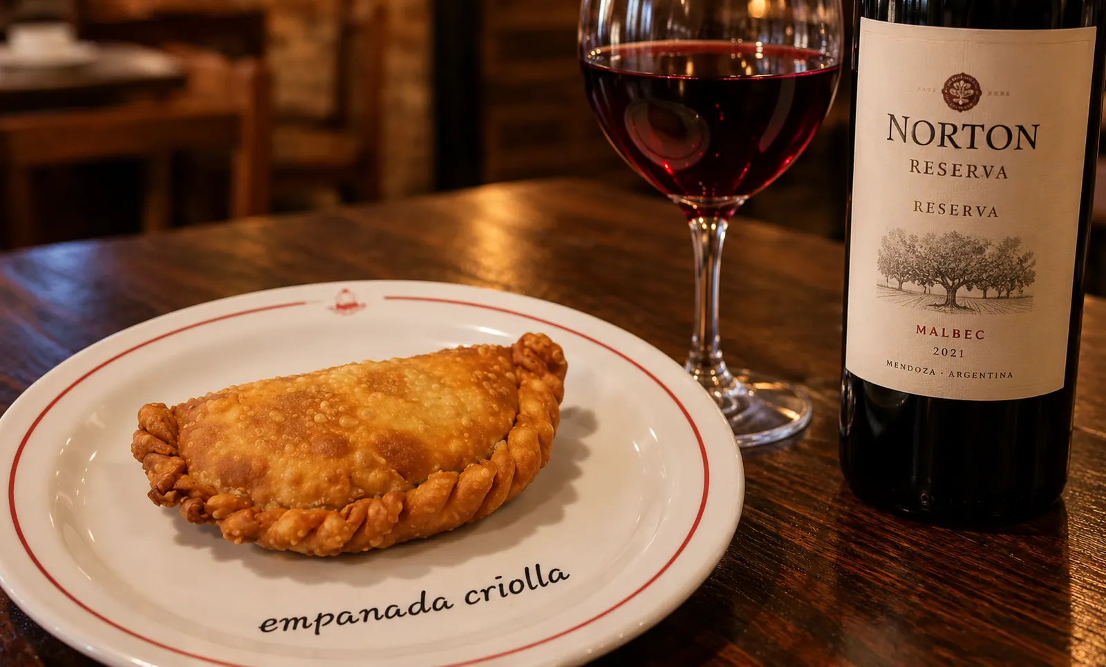 Composición ilustrativa de empanada criolla argentina con copa y botella de vino Malbec.